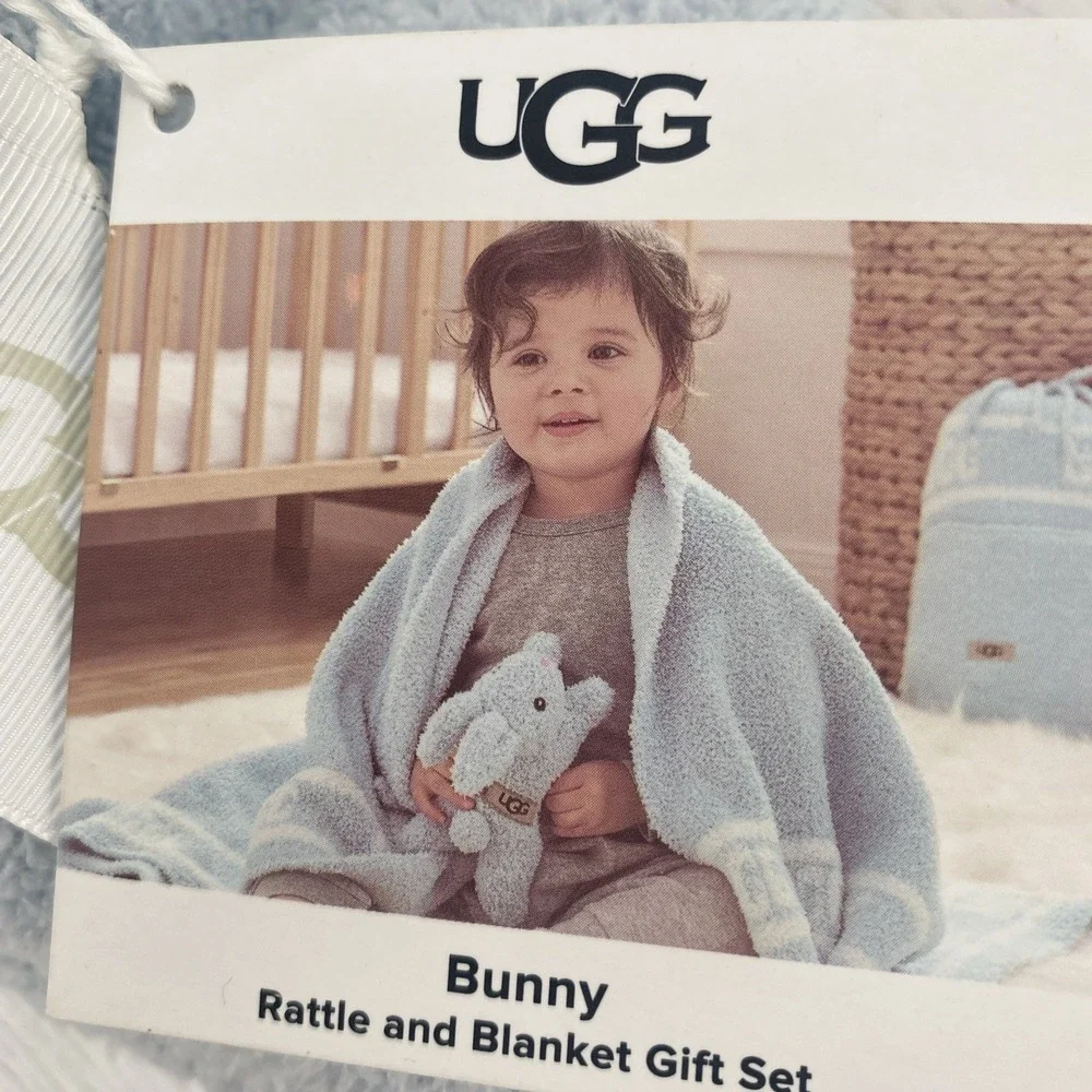 Ugg Bunny Rattle Baby Blanket (30x40) Gift Set Sky Blue Plush Soft Michelle